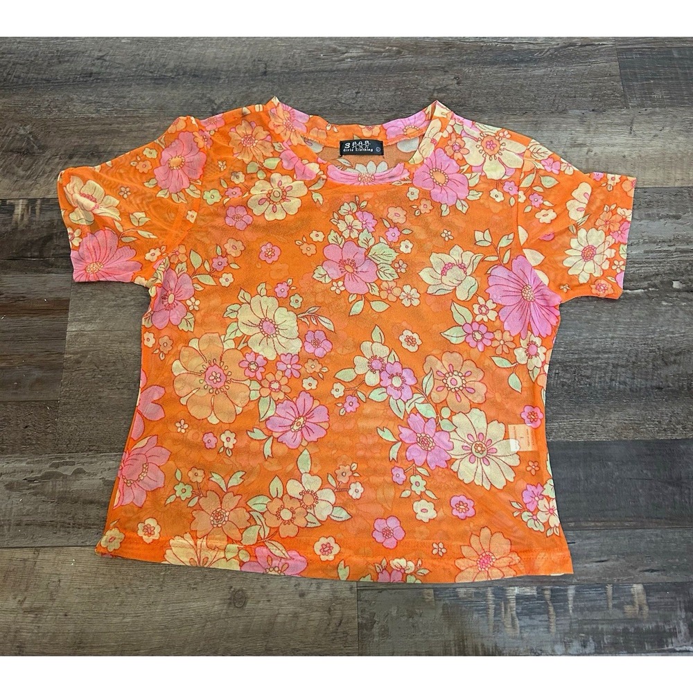 3 Girls Clothing Orange Floral Mesh T-Shirt Round Neck Short Sleeve L
